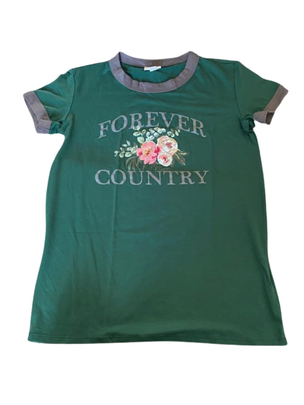 LuLaRoe Liv Green Ringer Tee with Floral "Forever Country" Graphic